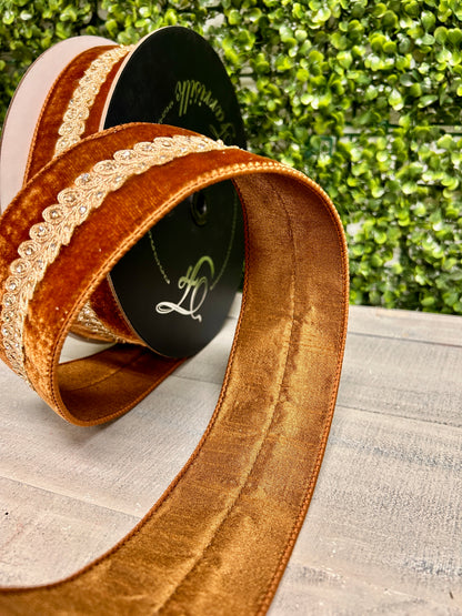 Farrisilk 2.5 Inch By 10 Yard Pecan Velvet With Diamond Garland Ribbon