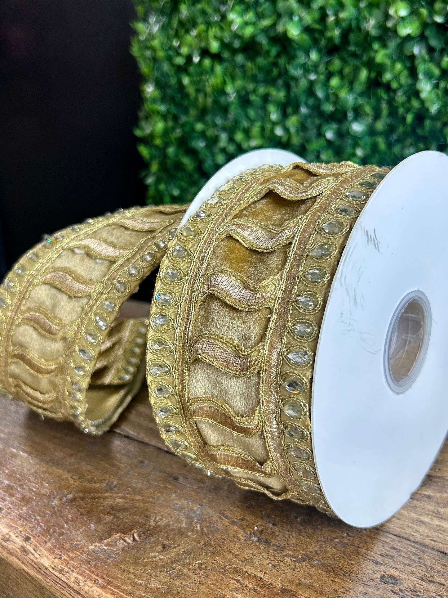 2.5 Inch By 5 Yard Champagne Jeweled Trim Elegance Velvet Ribbon
