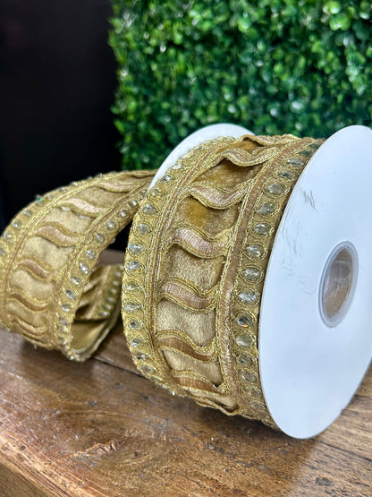 2.5 Inch By 5 Yard Champagne Jeweled Trim Elegance Velvet Ribbon