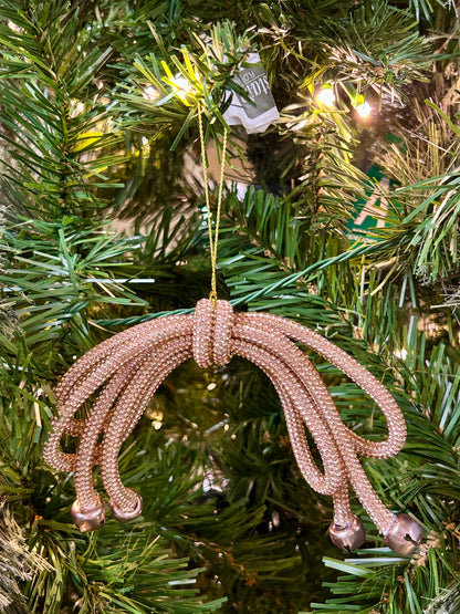 5.5 Inch Rose Gold Sparkle Bow With Bells Ornament