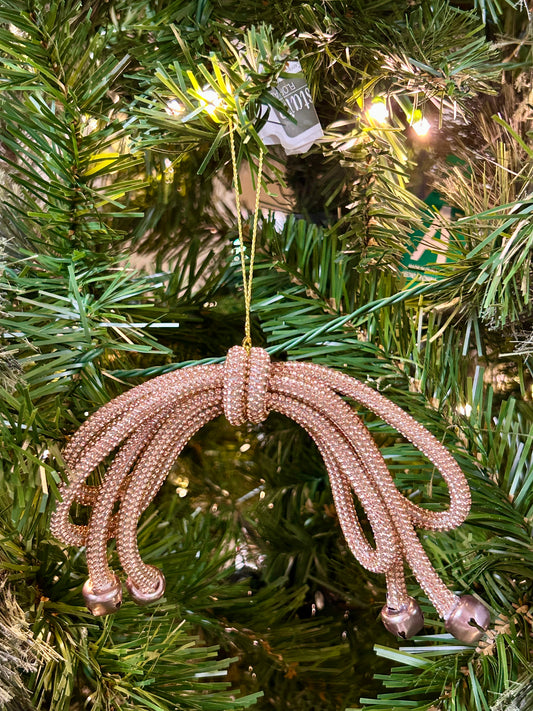 5.5 Inch Rose Gold Sparkle Bow With Bells Ornament