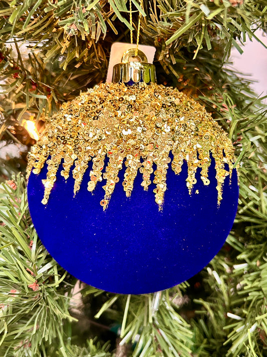 4.75 Inch Navy And Gold Flocked Sequin 2D Ball Ornament