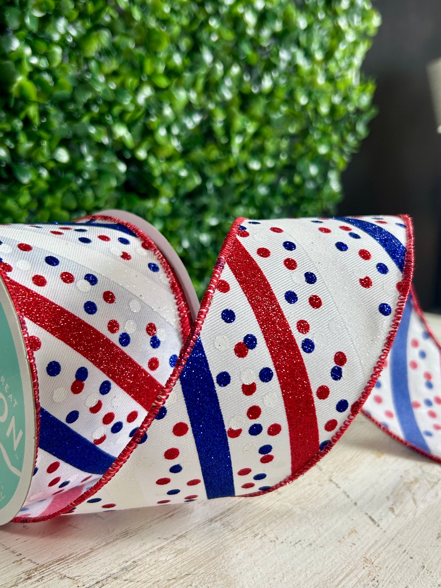 2.5 Inch By 10 Yard Red White And Royal Blue Glitter Stripe With Confetti Dots Ribbon