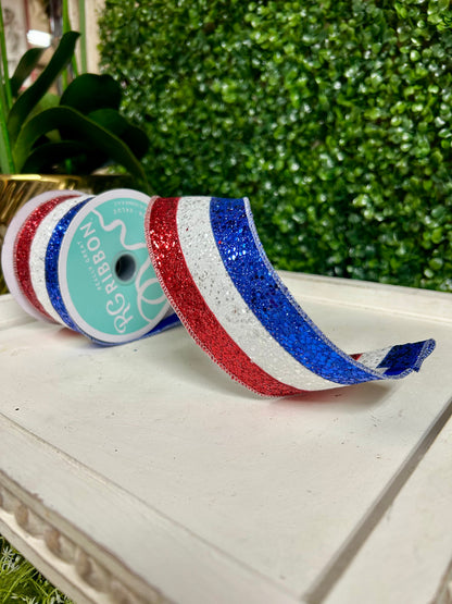 2.5 Inch By 10 Yard Red White And Royal Blue Large Glitter Ribbon