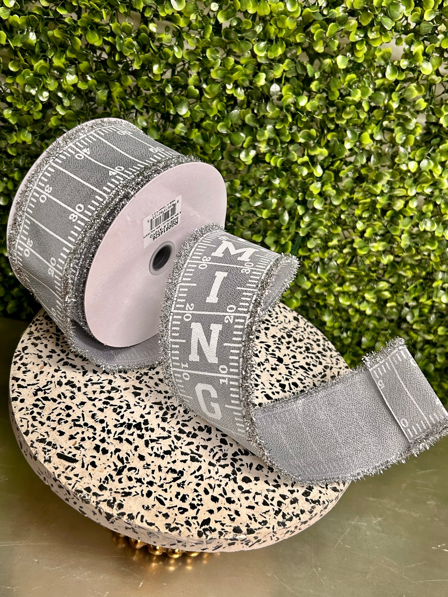 2.5 Inch By 10 Yard Silver And White Football Homecoming With Tinsel Edge Ribbon