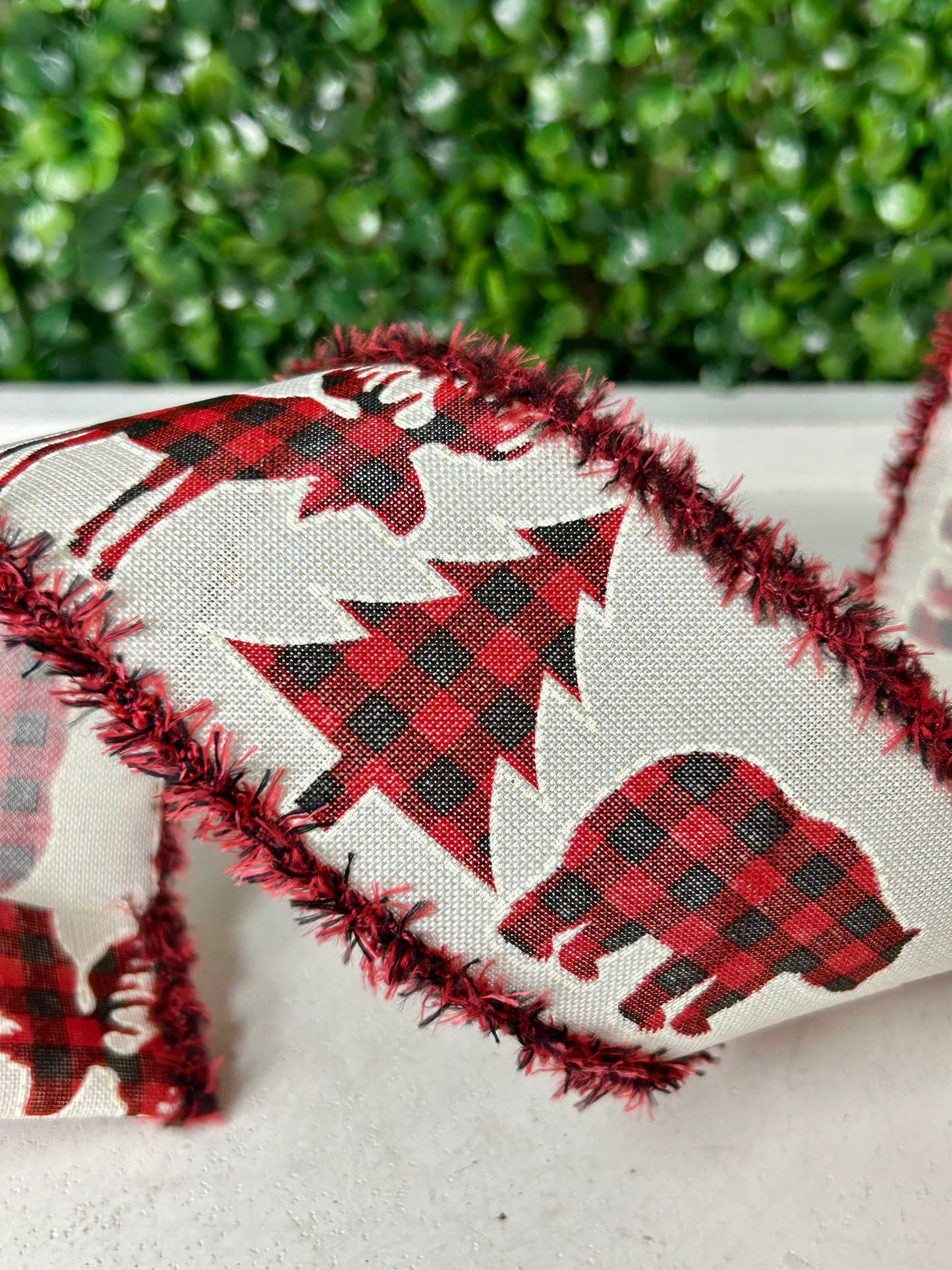 2.5 Inch By 10 Yard Plaid Moose Bear And Tree With Black And Red Drift Edge Ribbon