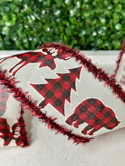 2.5 Inch By 10 Yard Plaid Moose Bear And Tree With Black And Red Drift Edge Ribbon