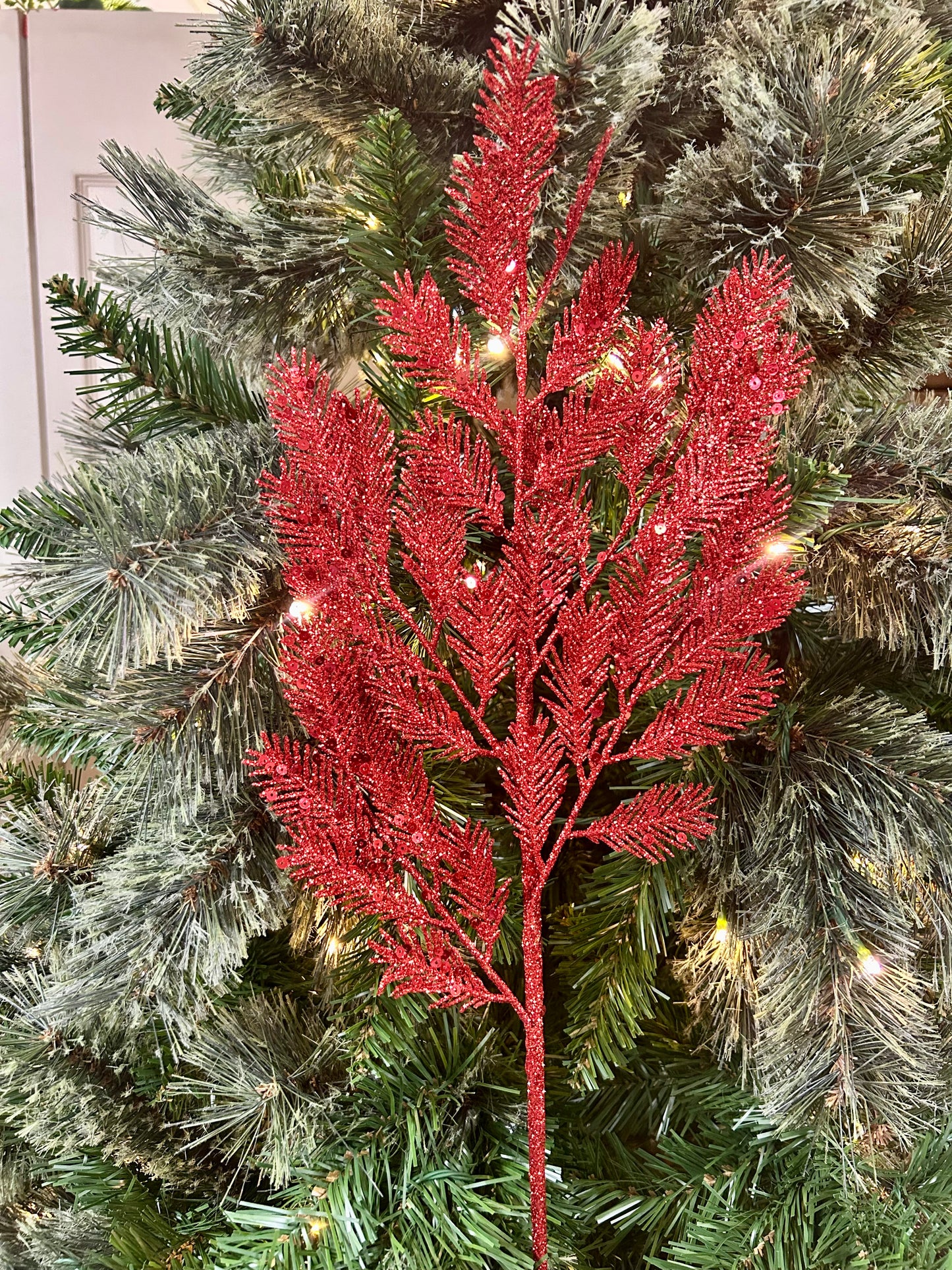 24 Inch Red Glitter Sequin Fern Spray