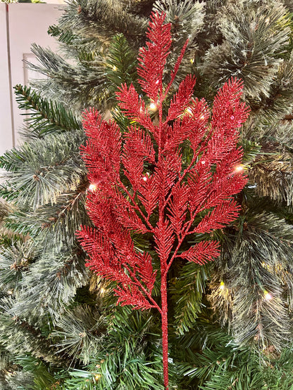 24 Inch Red Glitter Sequin Fern Spray