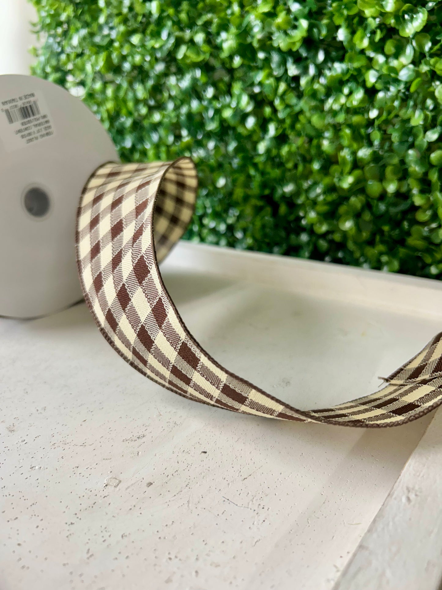 2.5 Inch By 50 Yard Brown And Cream Woven Small Check Ribbon
