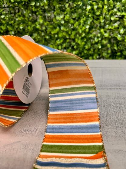 2.5 Inch By 10 Yard Rust Moss Blue Painted Stripes Ribbon