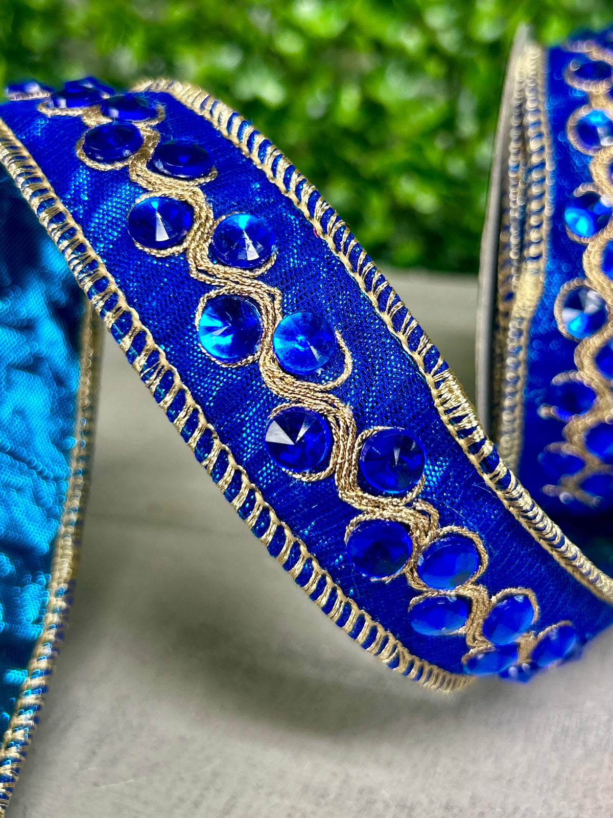 John Mark 1 Inch By 5 Yard Blue Jeweled Trim Metallic Dupioni Blue Ribbon