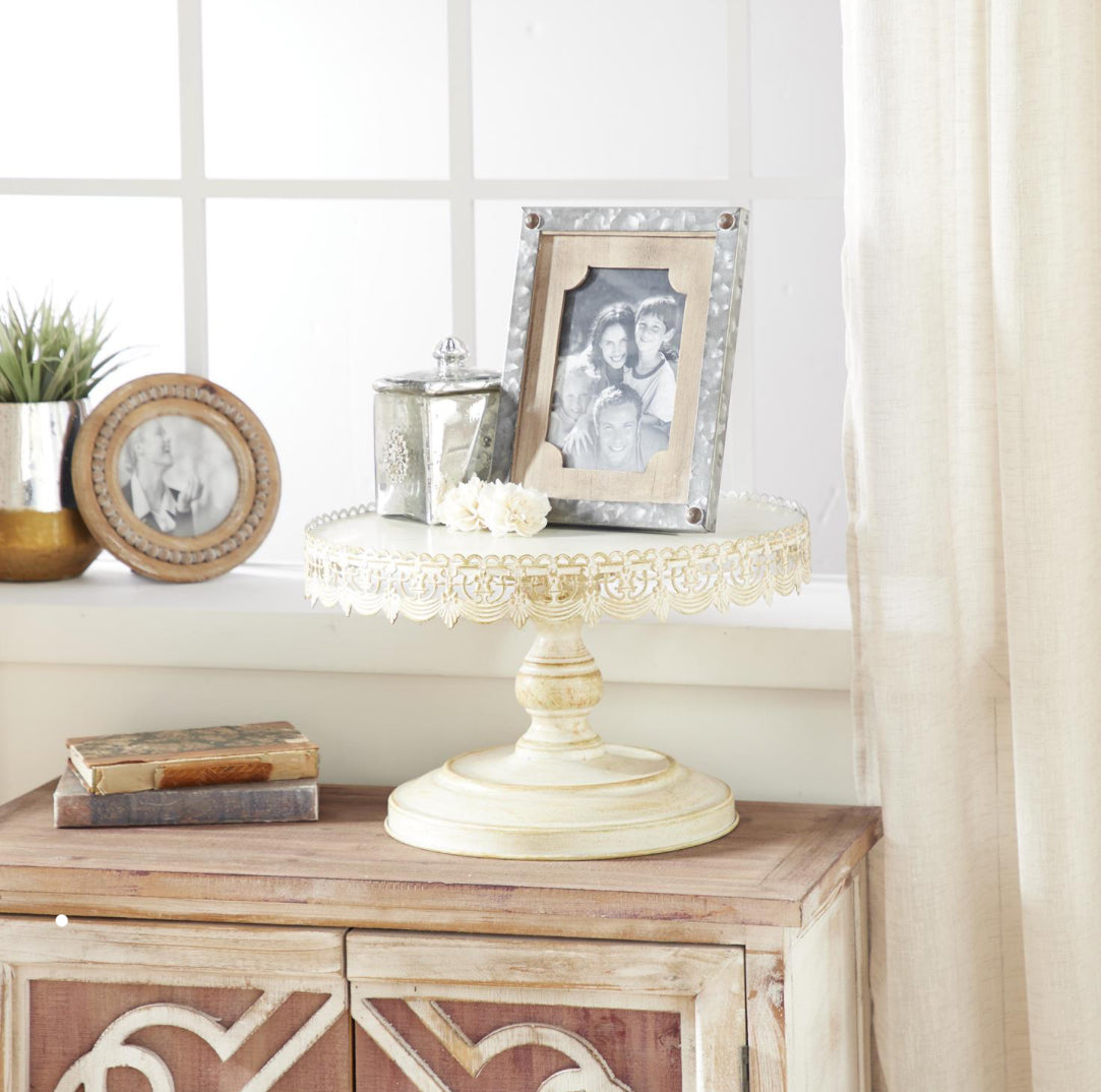 16 Inch Cream Metal Floral Decorative Cake Stand With Lace Inspired Edge