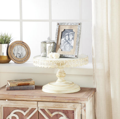 16 Inch Cream Metal Floral Decorative Cake Stand With Lace Inspired Edge