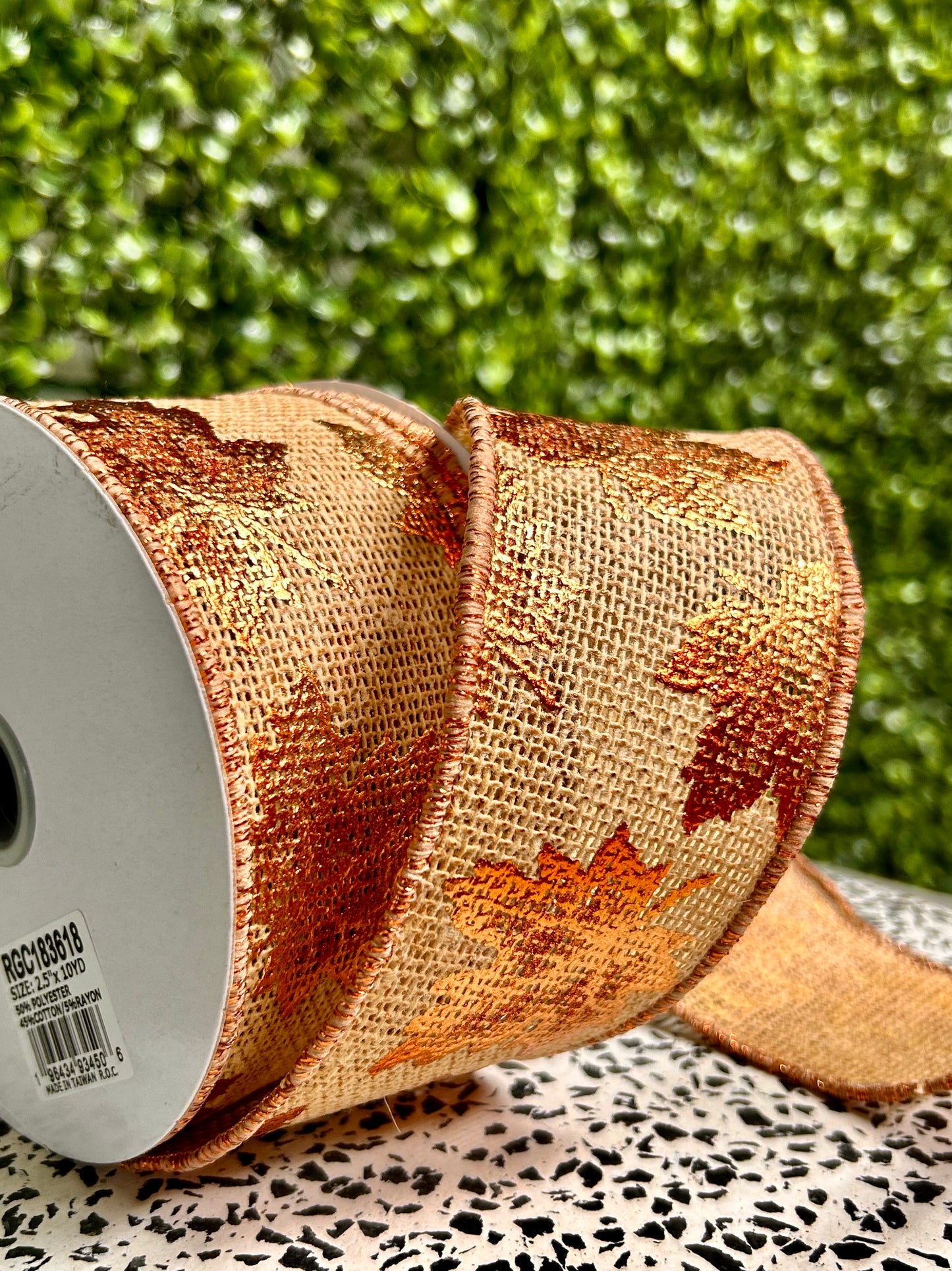 2.5 Inch By 10 Yard Natural Foil Maple Leaf On Faux Royal Ribbon