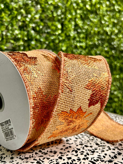 2.5 Inch By 10 Yard Natural Foil Maple Leaf On Faux Royal Ribbon
