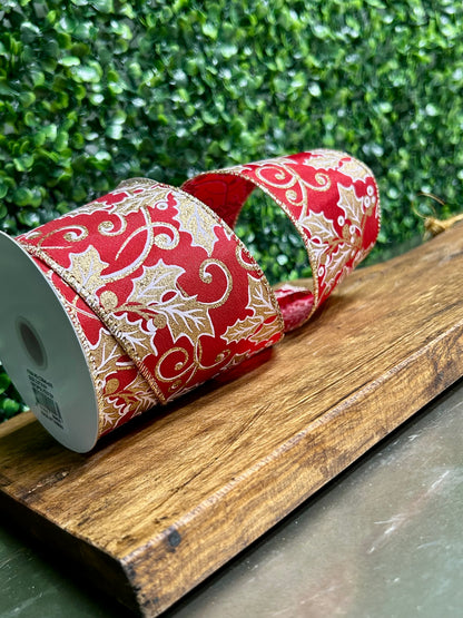 2.5 Inch By 10 Yard Red And Gold Holly Leaf And Berry Ribbon