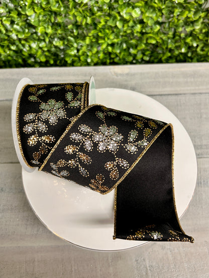 2.5 Inch By 10 Yard Gold Leaves With Silver Flowers Ribbon