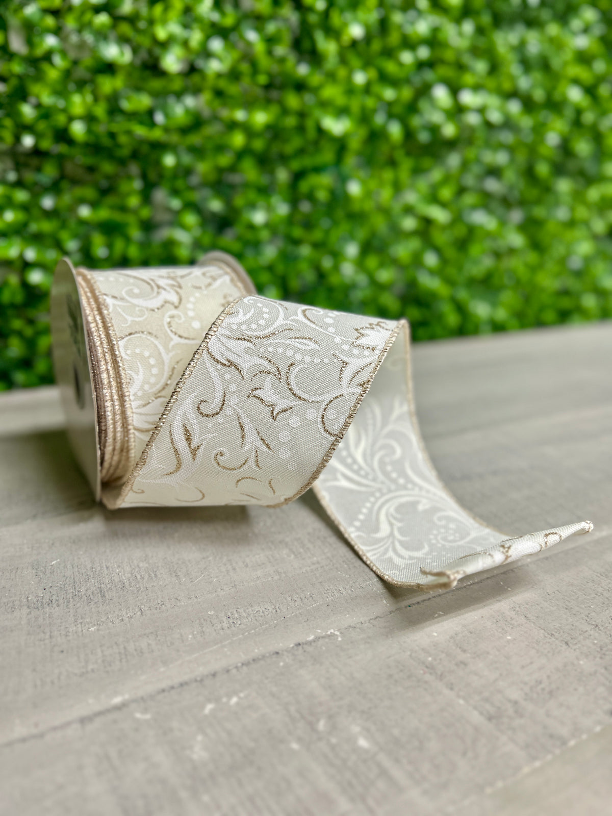2.5 Inch By 10 Yard Ivory And White Leaf Filagree With Polka Dot Ribbon
