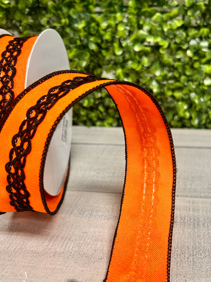 1.5 Inch By 10 Yard Orange And Black Lace On Faux Royal Ribbon