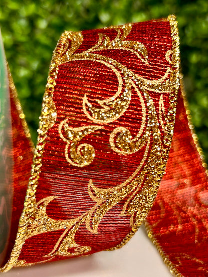 1.5 Inch Burgundy And Gold Acanthus Leaf Metallic Ribbon