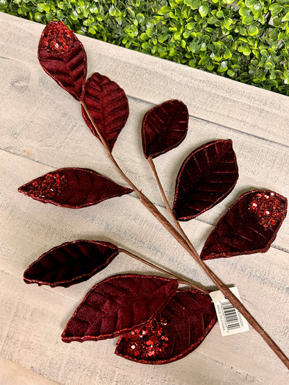 27 Inch Burgundy Velvet And Glitter Magnolia Leaf Spray