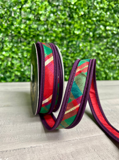 John Mark 1 Inch By 10 Yard Metallic Dupioni Plaid Gold Accent With Purple Edge Ribbon