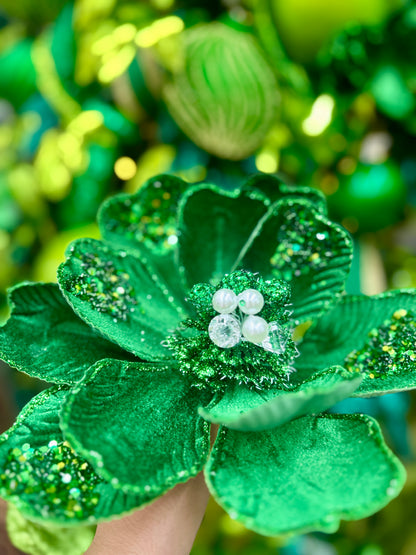 22 Inch Emerald Green Glitter Sequin And Bead Magnolia Spray