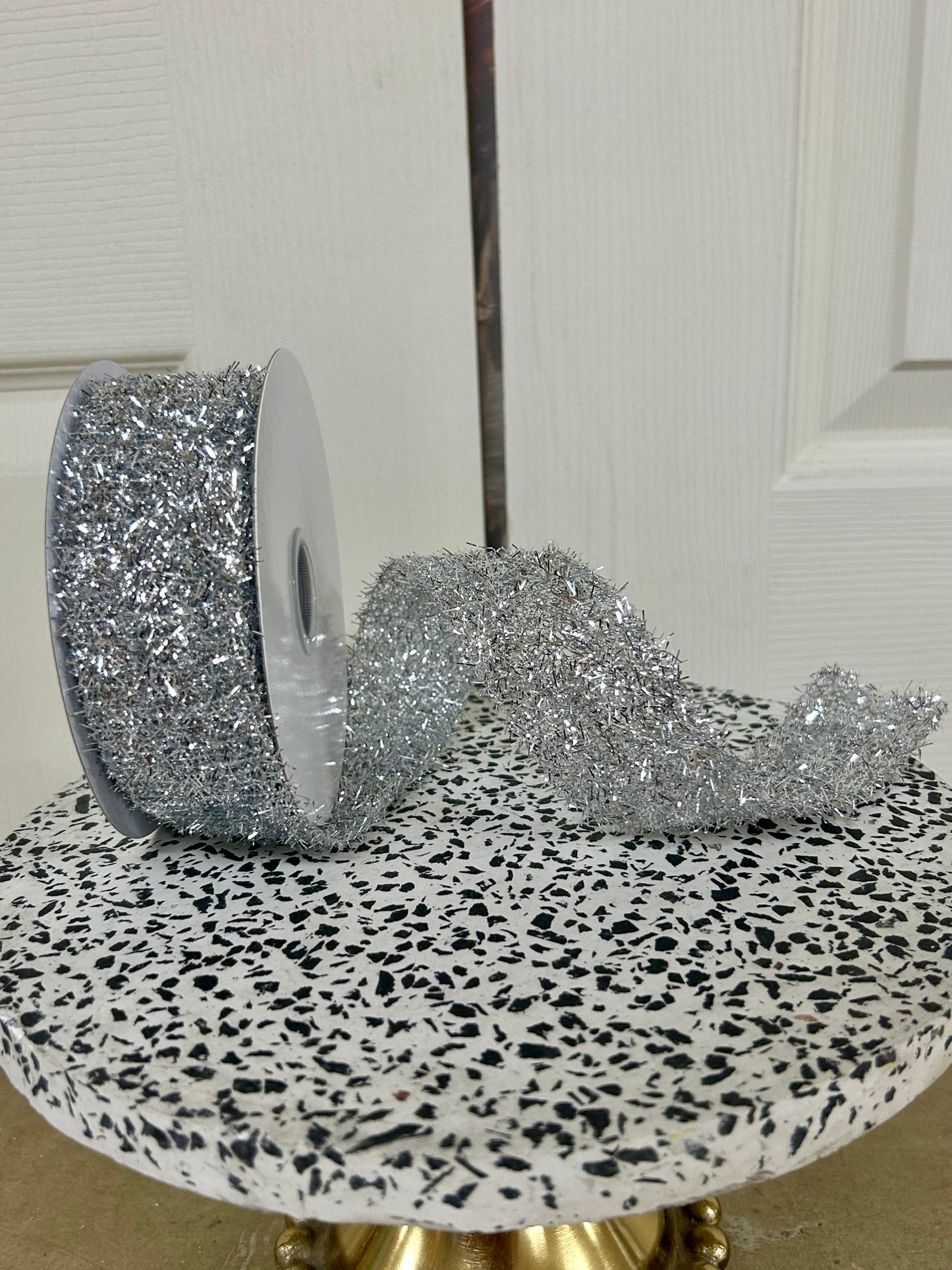 1.5 Inch By 10 Yard Silver Long Confetti Metallic Wired Ribbon