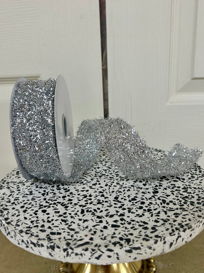 1.5 Inch By 10 Yard Silver Long Confetti Metallic Wired Ribbon