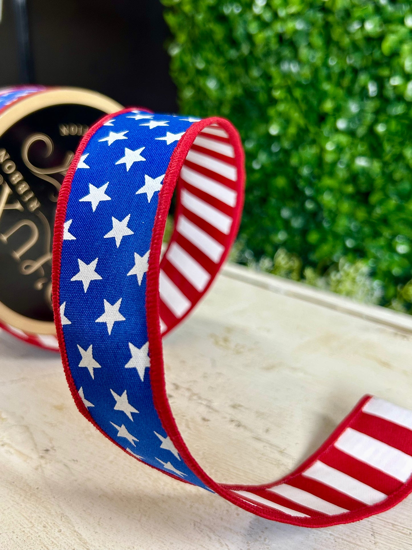 1.5 Inch By 10 Yard Red White And Royal Blue Stars And Striped Fused Back Ribbon
