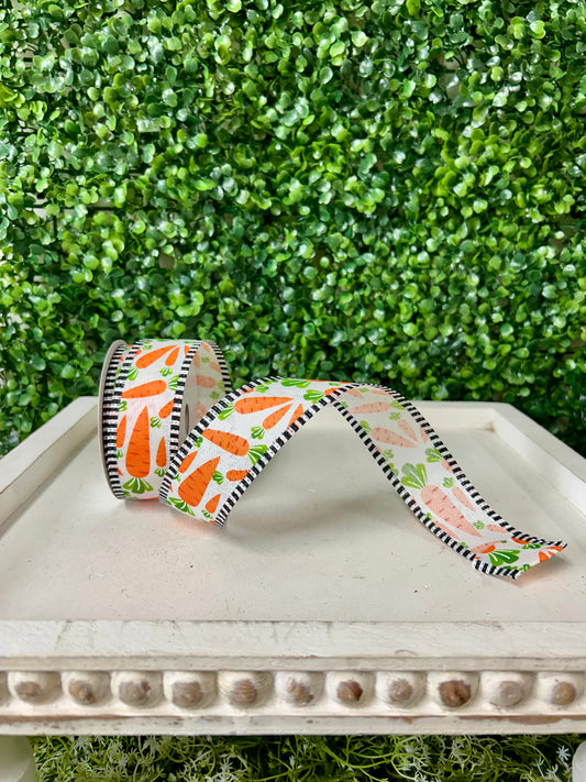 1.5 Inch By 10 Yard White Linen With Carrots And Black And White Check Edging Ribbon