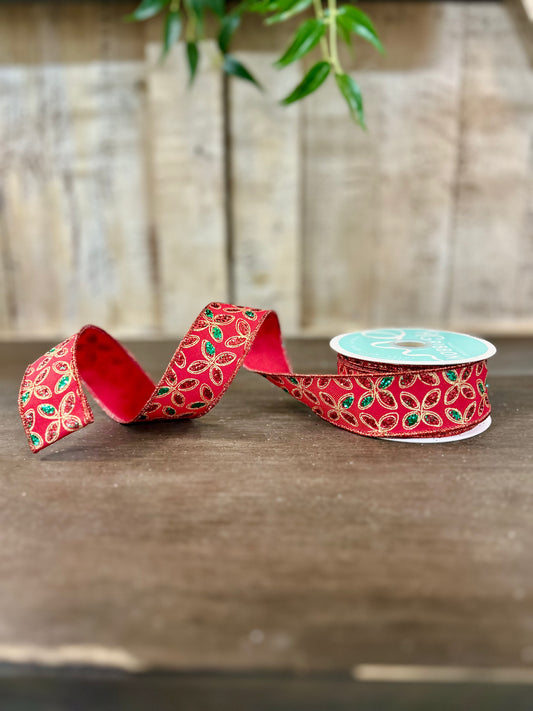 1.5 Inch By 10 Yard Red Emerald And Gold Quatrefoil Petals Ribbon