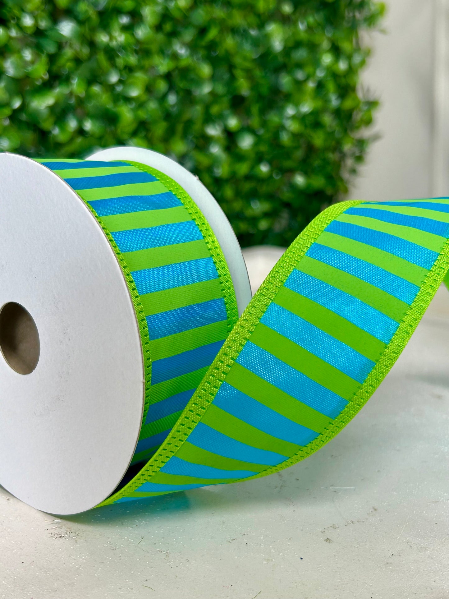 1.5 Inch By 10 Yard Lime Green And Turquoise Stripe Ribbon