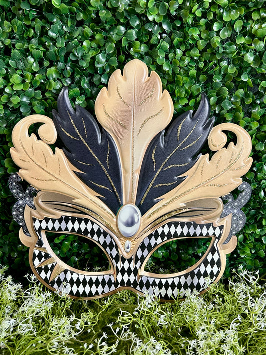 12 Inch Black Gold And White Glitter Harlequin Mask Sign