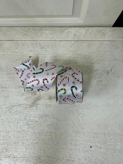 2.5 Inch By 10 Yard Multicolored Candy Canes With Multicolored Snowflakes On A White Textured Background Ribbon