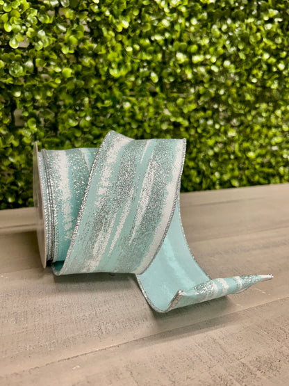 2.5 Inch By 10 Yards Soft Turquoise White And Silver Glitter Paint Strokes Ribbon