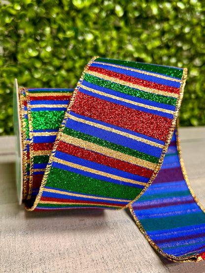 2.5 Inch By 10 Yard Royal Blue Red And Emerald Horizontal Stripe Ribbon