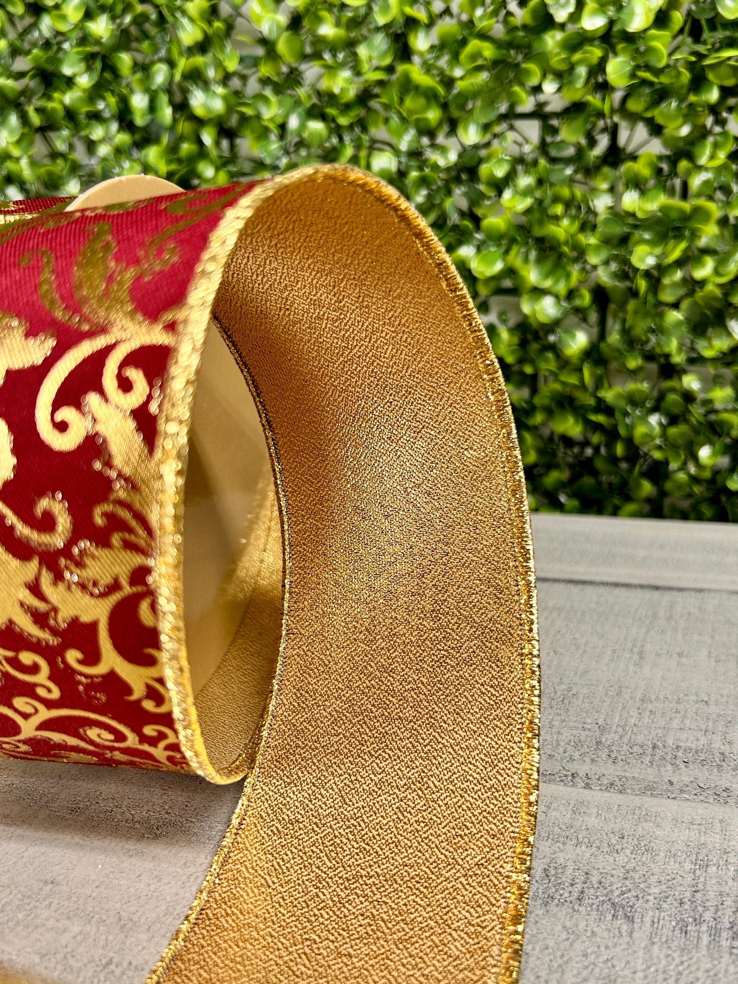 2.5 Inch By 10 Yard Wine And Gold Metallic Foil Swirl Leaf Fused Ribbon