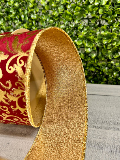 2.5 Inch By 10 Yard Wine And Gold Metallic Foil Swirl Leaf Fused Ribbon