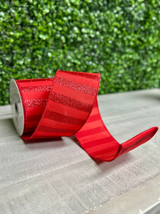 2.5 Inch By 10 Yard Red Horizontal Glitter Stripe Ribbon