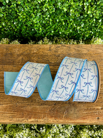 2.5 Inch By 10 Yard Blue Bows On White Dupioni Ribbon