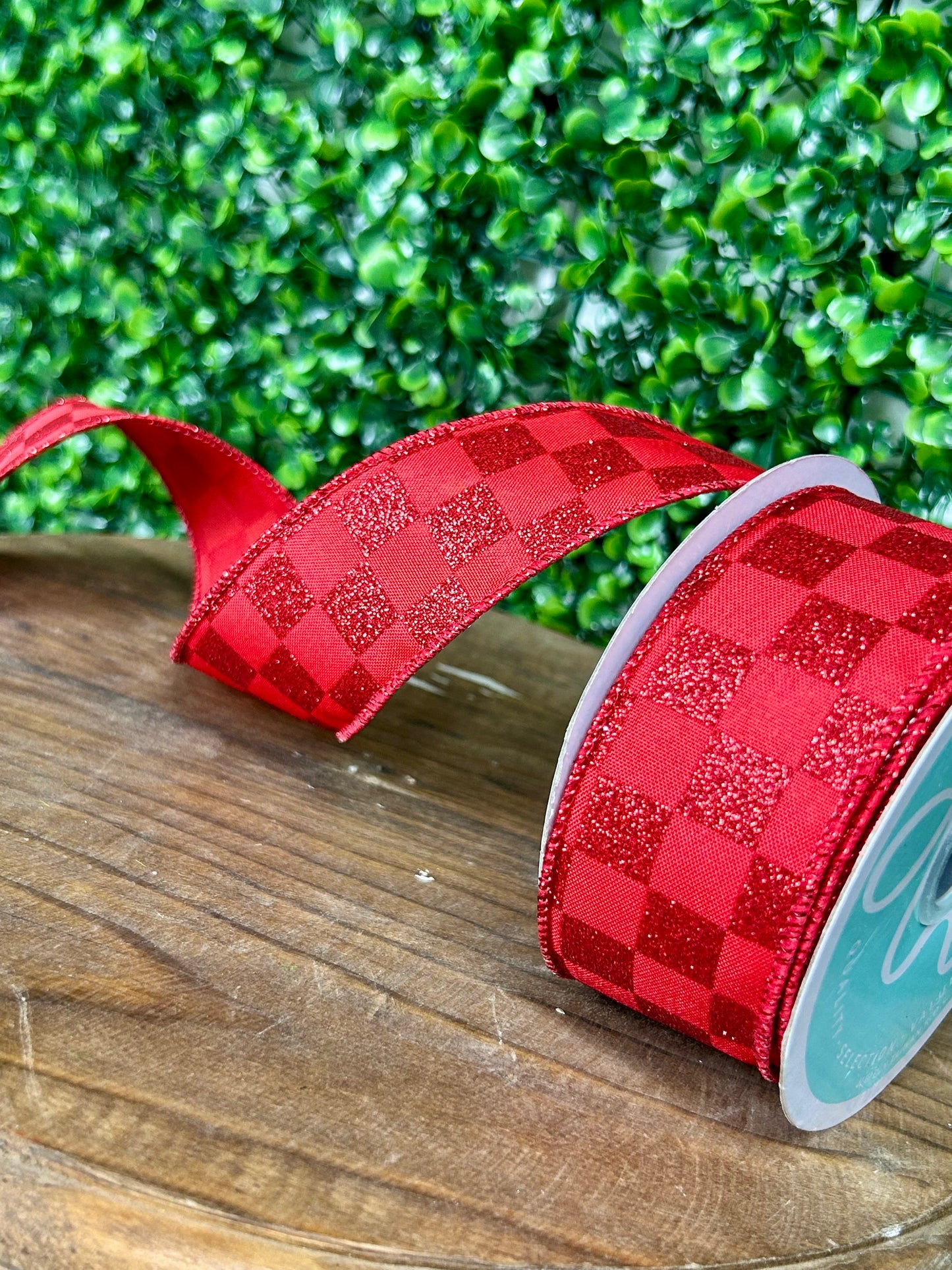 1.5 Inch By 10 Yard Red Glitter Check Ribbon