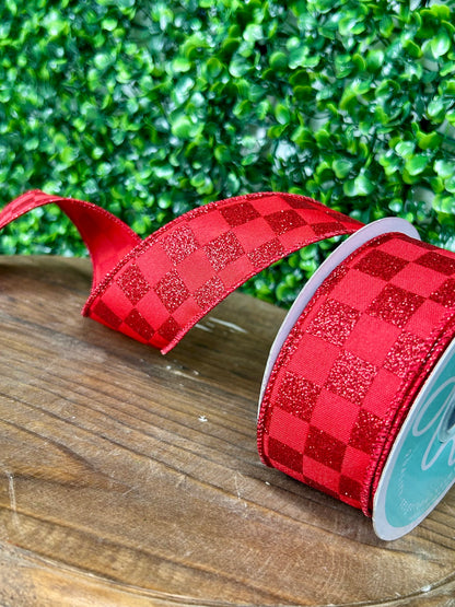1.5 Inch By 10 Yard Red Glitter Check Ribbon