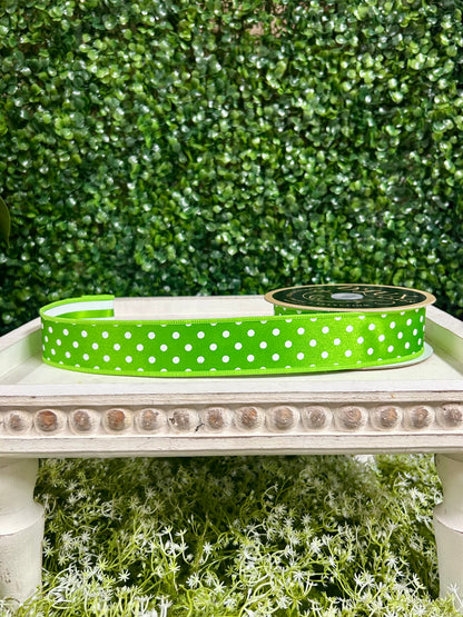 1.5 Inch By 10 Yard Fresh Green And White Polka Dot With Stripe Backing Ribbon
