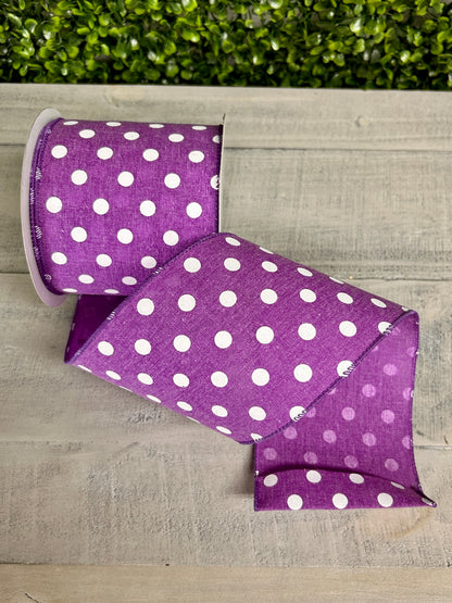 4 Inch By 10 Yard Purple Polka Dot Linen Ribbon