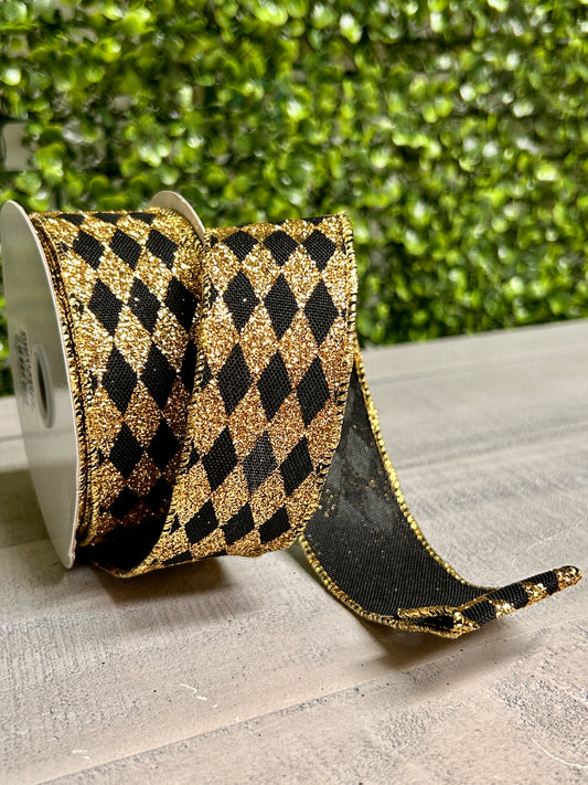 1.5 Inch By 10 Yard Black And Gold Glitter Harlequin Ribbon