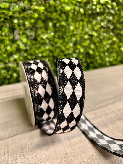 7/8 Inch By 10 Yard Black And White Glitter Harlequin Ribbon
