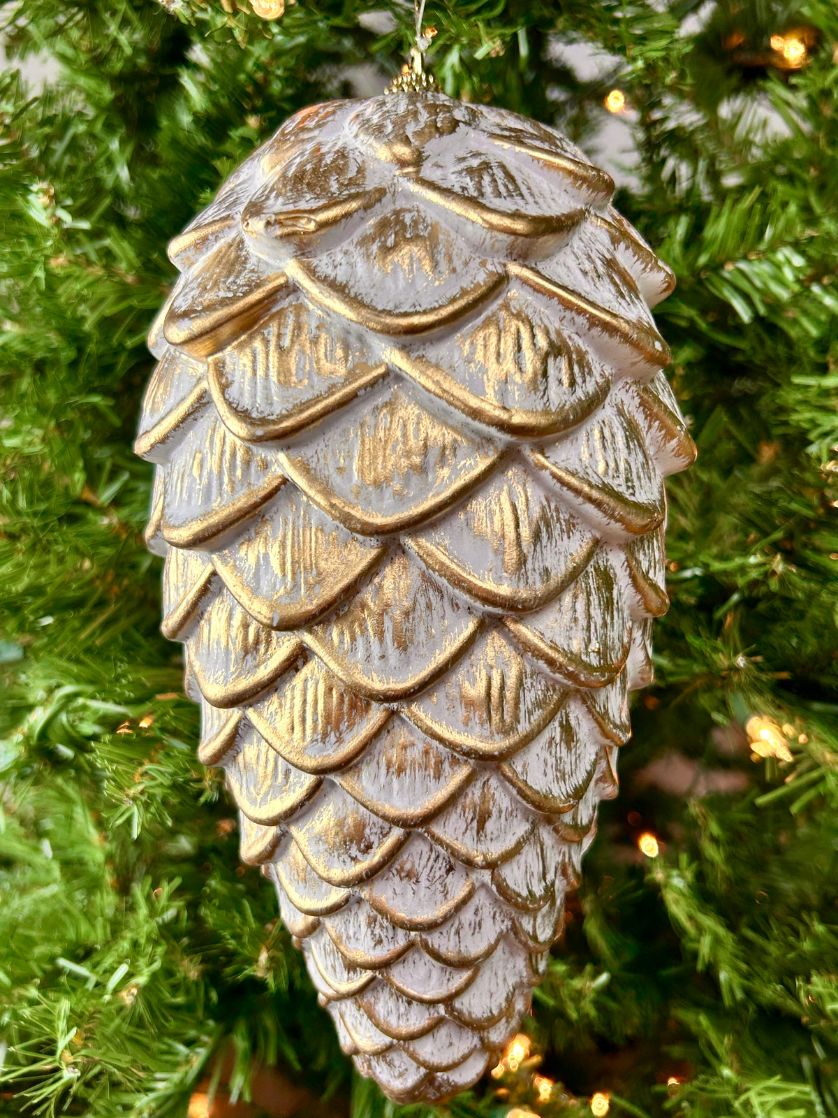 9 Inch White And Gold Pinecone Ornament