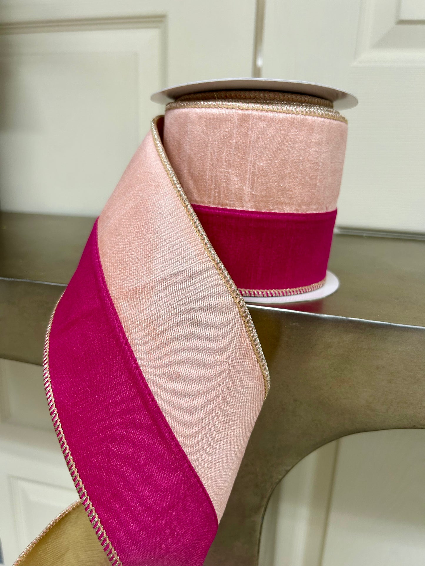 4 Inch By 10 Yard Pink And Light Pink With Gold Back Dupioni Ribbon